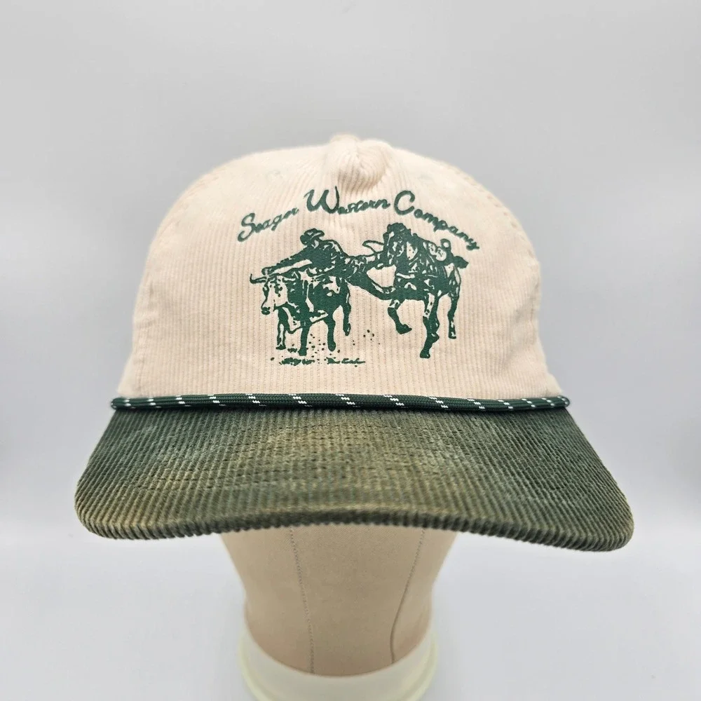 Seager Rope Hat Western Cowboy Corduroy Snapback Cream Green Bull Rider Faded